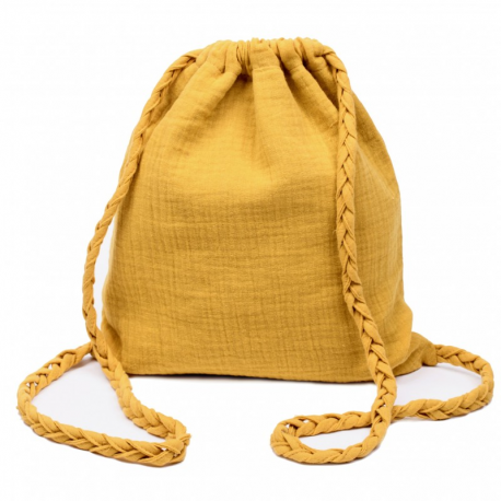 Sac d'activités en coton double gaze à bretelles tressées-Jaune moutarde